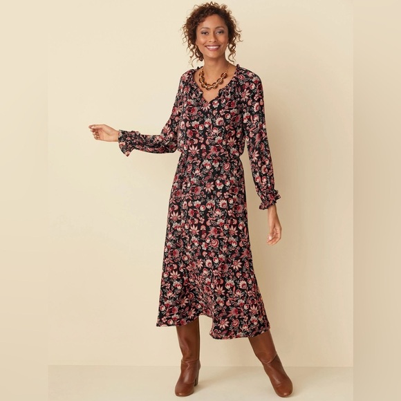 Talbots Plus Bracelet Sleeve Elastic Waist Autumn Garden Feminine Midi Dress 2X - Picture 1 of 14